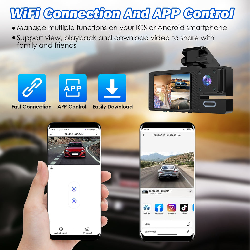 1Pc WiFi FHD 1080P voiture Dash Cam 3 canaux arrière avant caméra de Dash intérieur avec boucle Recordi