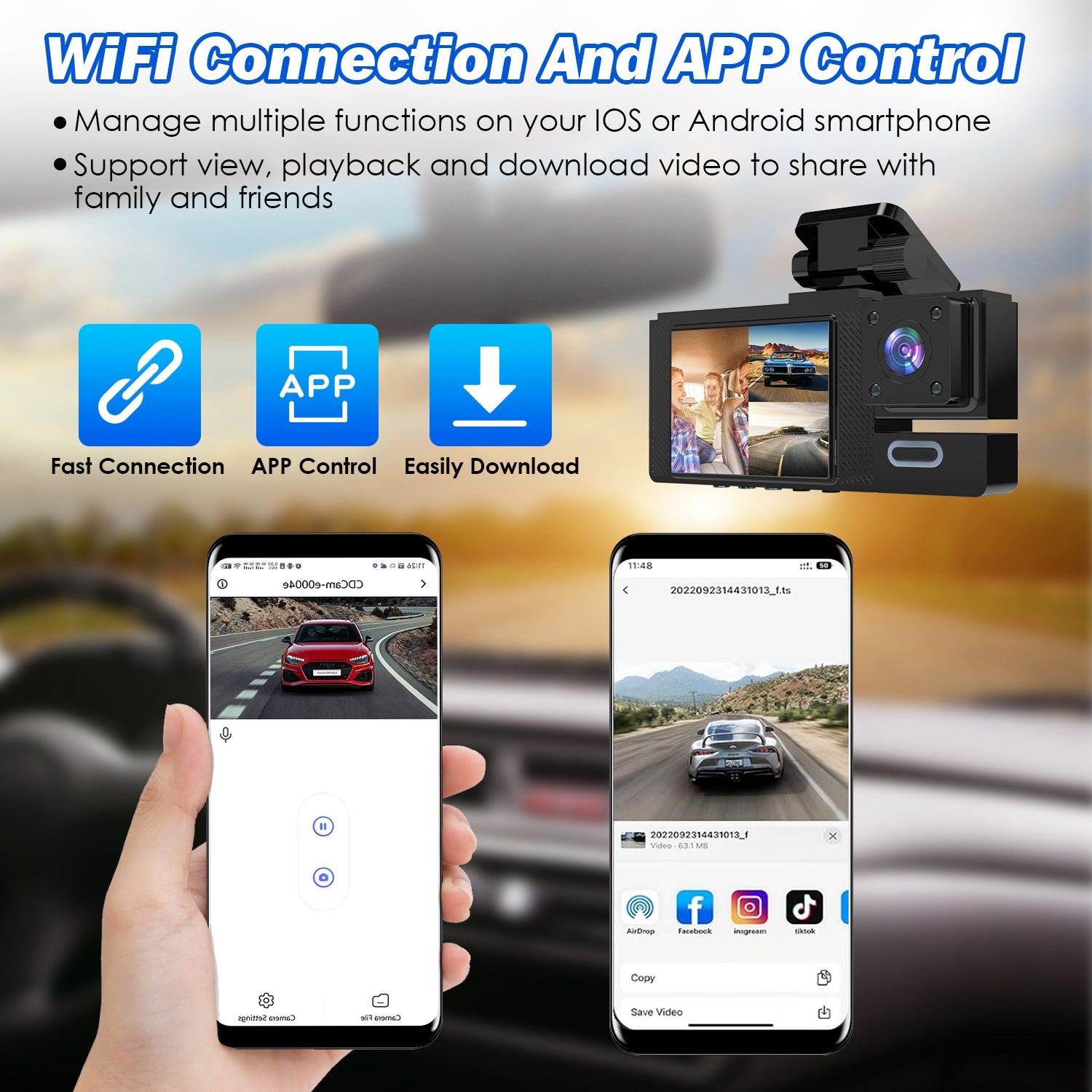 1Pc WiFi FHD 1080P voiture Dash Cam 3 canaux arrière avant caméra de Dash intérieur avec boucle Recordi