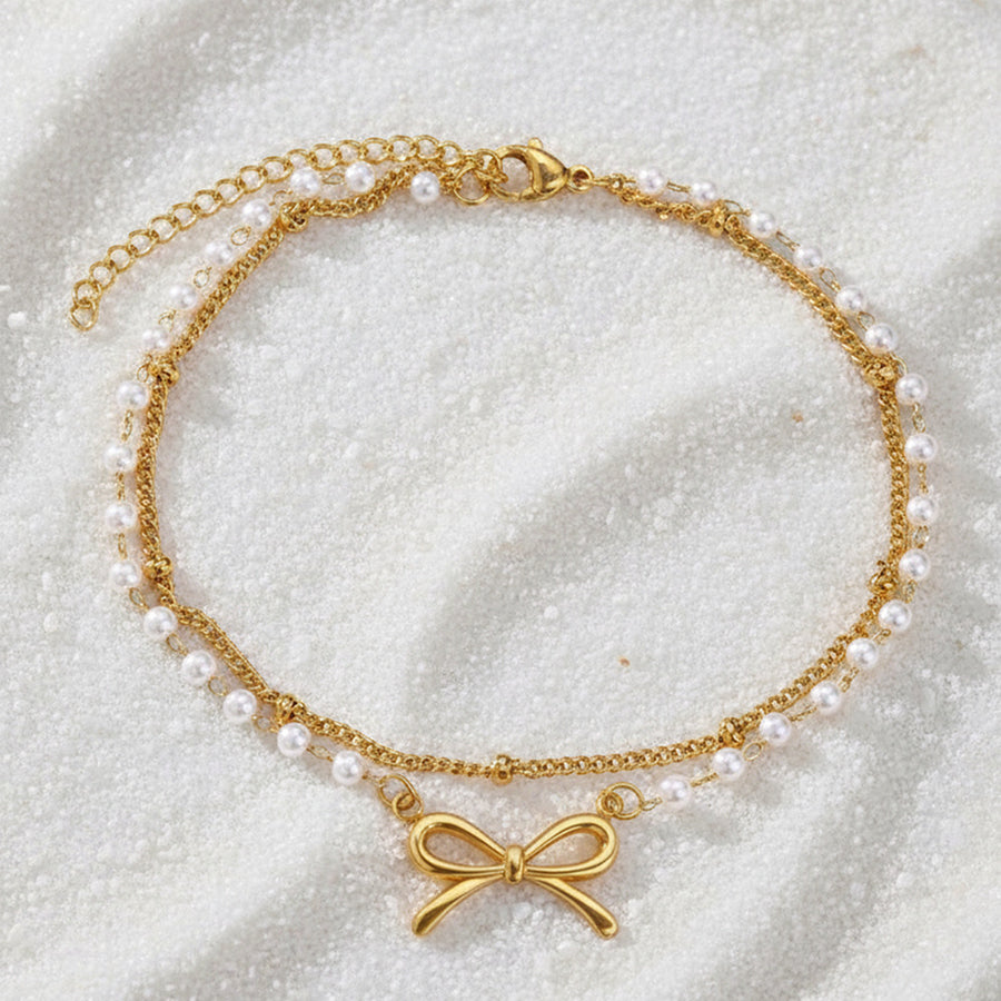 Femmes Double couche Anklet or ton Bow noeud perle artificielle perle bracelet ajust
