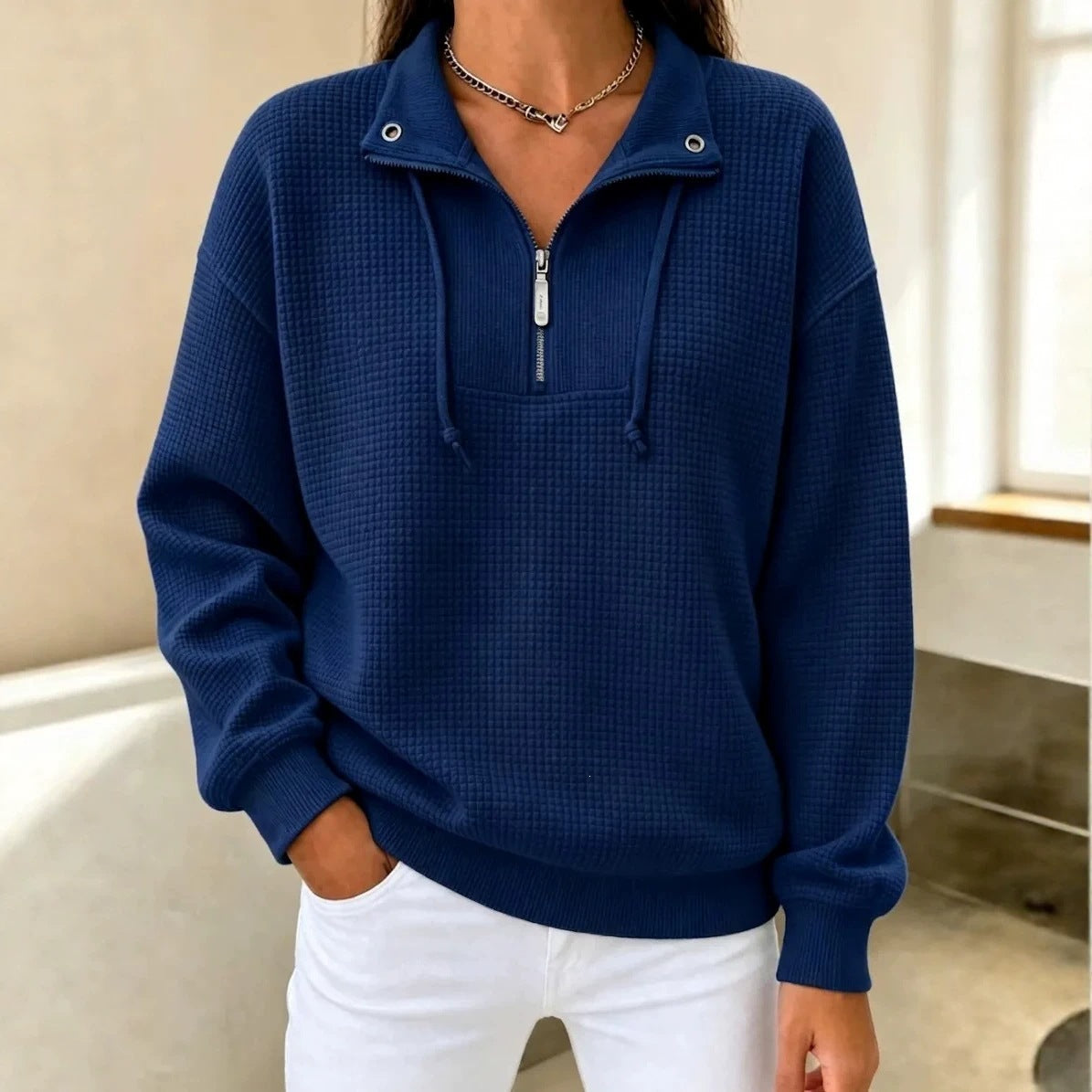 Sweat-shirt femme à manches longues à fermeture à glissière en couleur solide d'automne