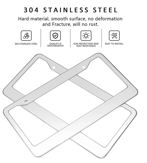 2PCS Chrome acier inoxydable plaque de licence en métal cadre Tag Cover avec bouchons à vis