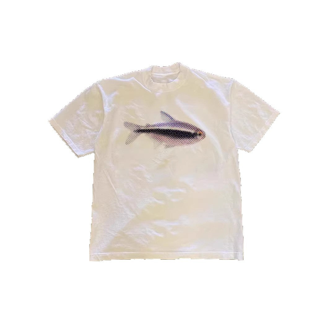 T-shirt à manches courtes surdimensionné avec un petit poisson imprimé unisexe et détendu
