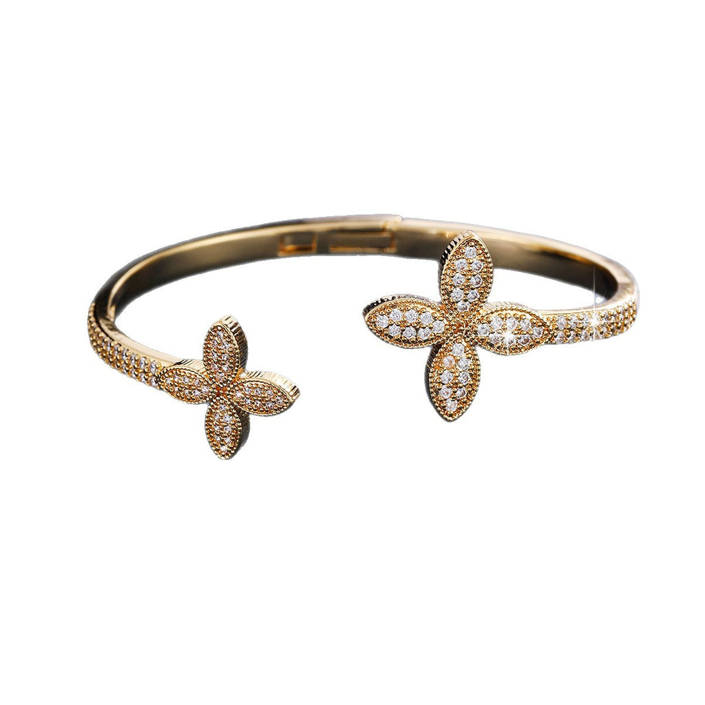 Luxury Asymétrique Double Fleur Zircon Inlaid Open Bangle