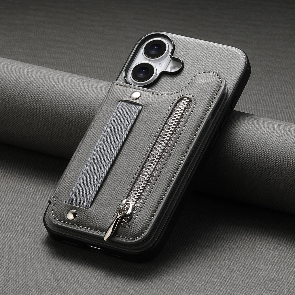 Etui de téléphone en cuir avec support et fermeture éclair