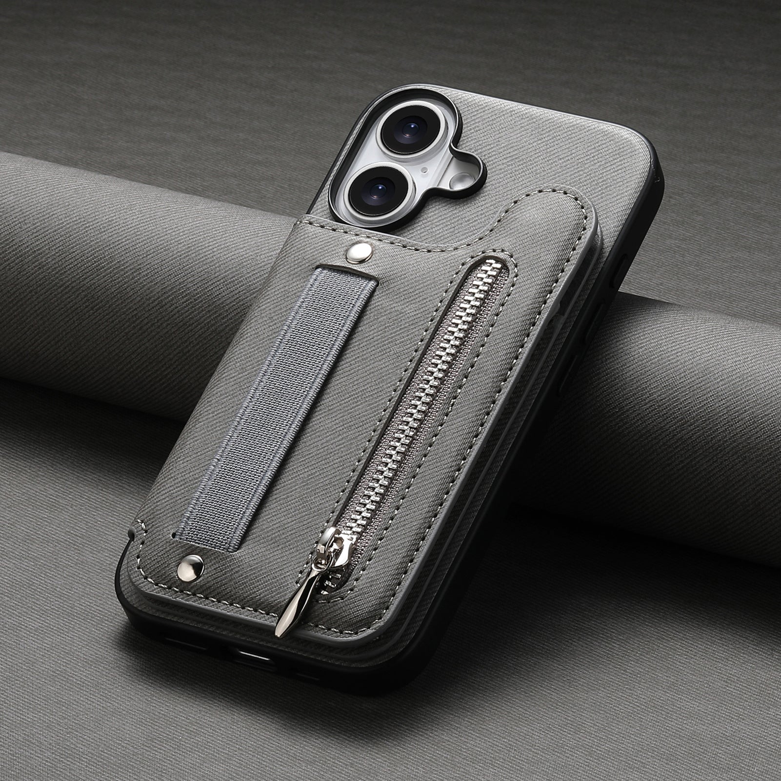 Etui de téléphone en cuir avec support et fermeture éclair