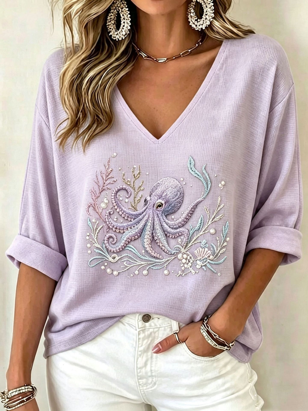 T-shirt femme en col V imprimé