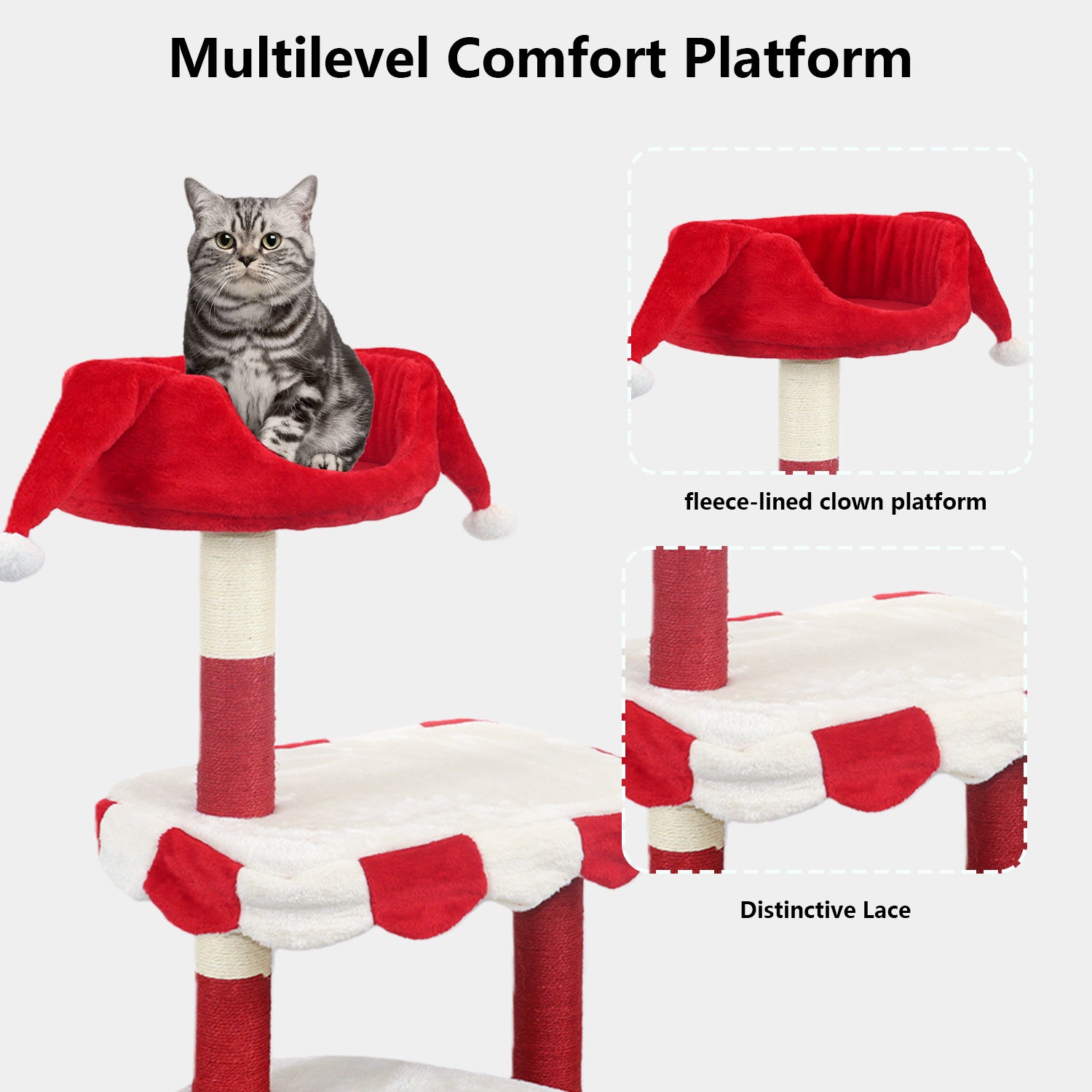 Arbre de chat avec perche cozy et poteaux de Scratching - Red & White Design Meubles de chat multi-niveaux