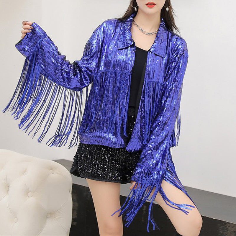 Long cardigan européen et américain avec paillettes et tassels