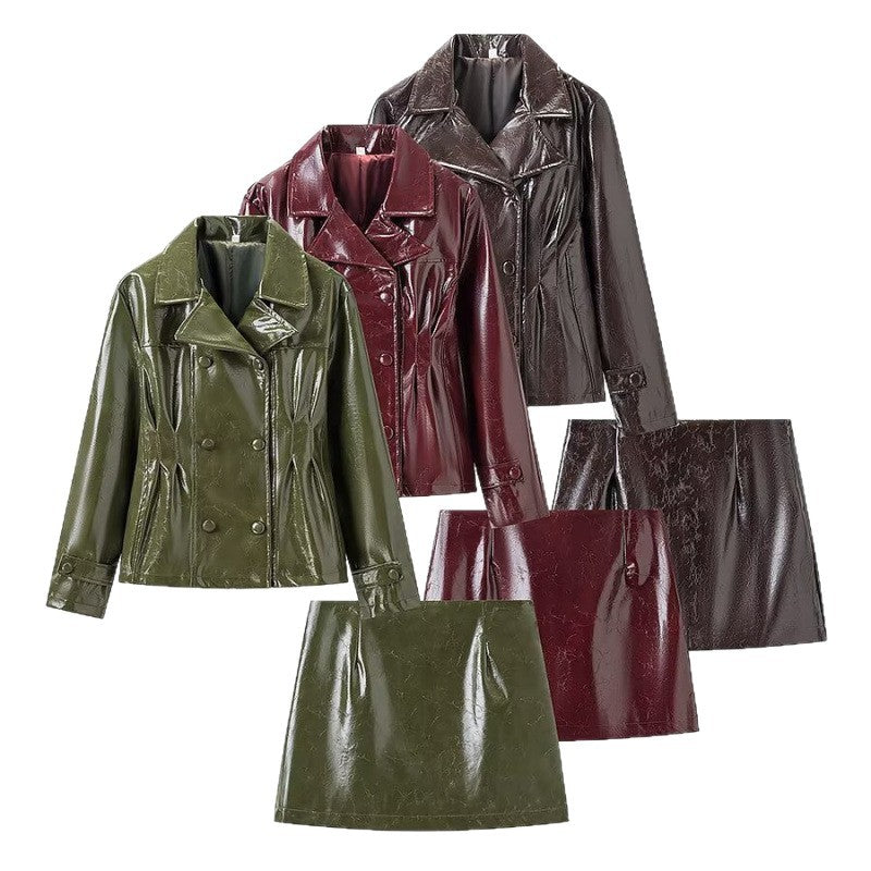 Brevet craqué Faux Cuir Double Breasted Short Blazer & High Waist Mini A-Line Jupe Tw