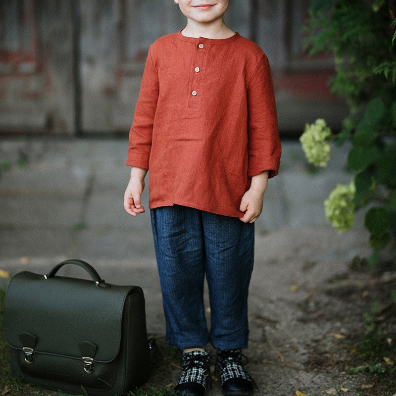 Chemise en coton à manches longues à col semi-ouvert pour garçon