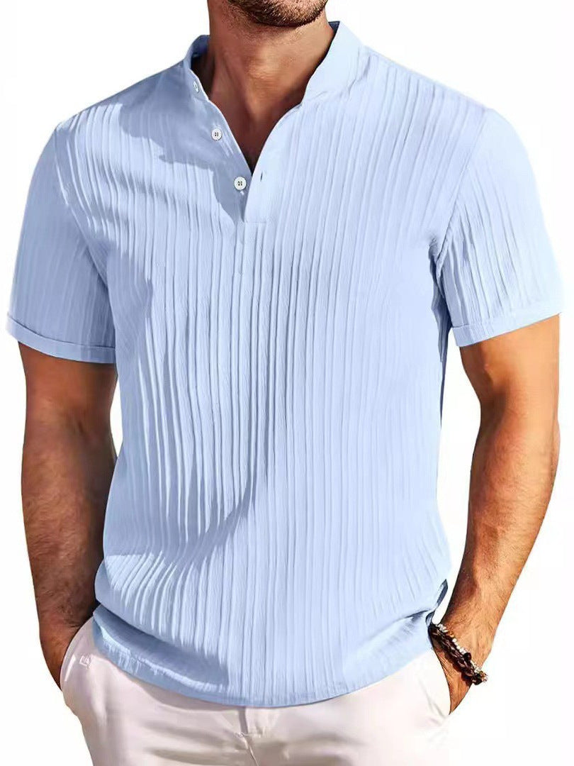 Homme Cotton-lin Jacquard Solide-couleur Casual Loose-fit Chemise manches courtes