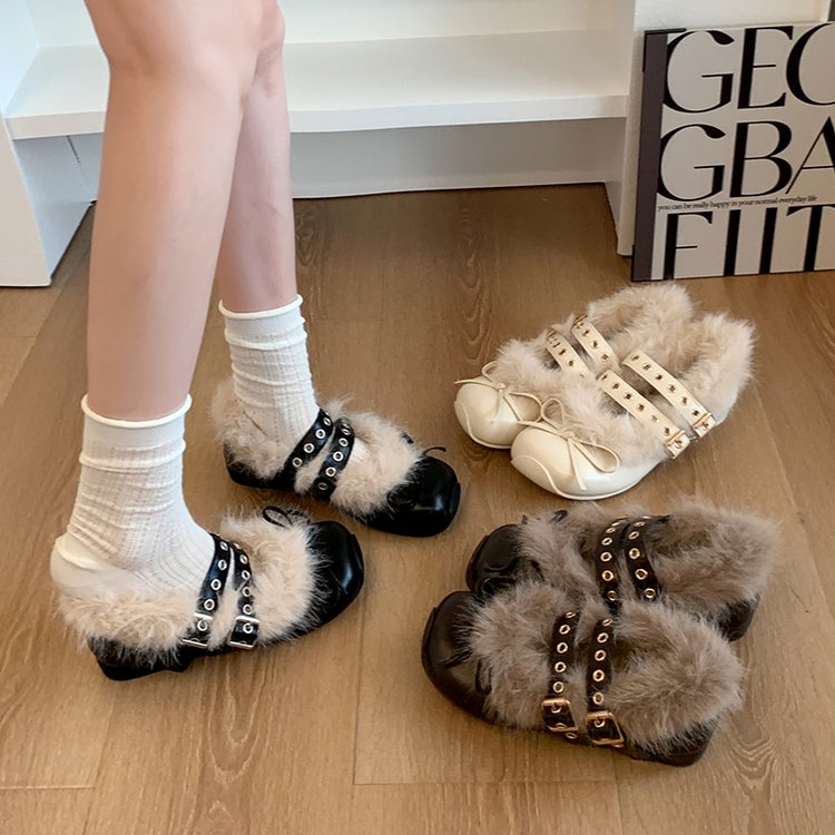 Chaussures poilues, Chaussures Mary Jane, Chaussures Femmes, Bouton simple avec chaussures de coton à bout carré