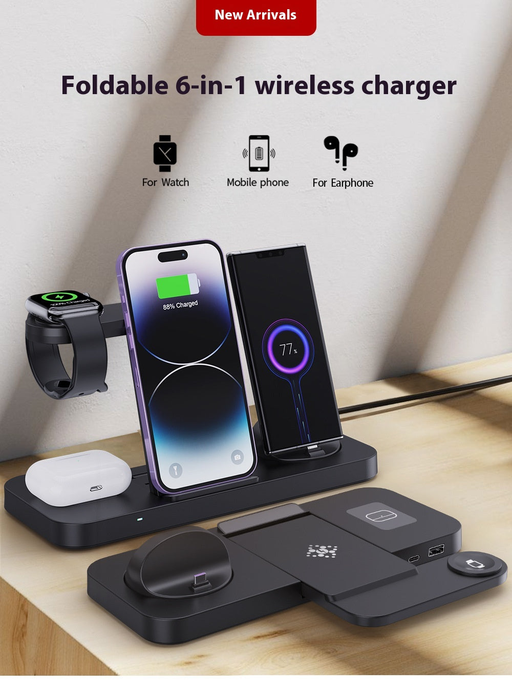Stand de recharge sans fil pliant six en un
