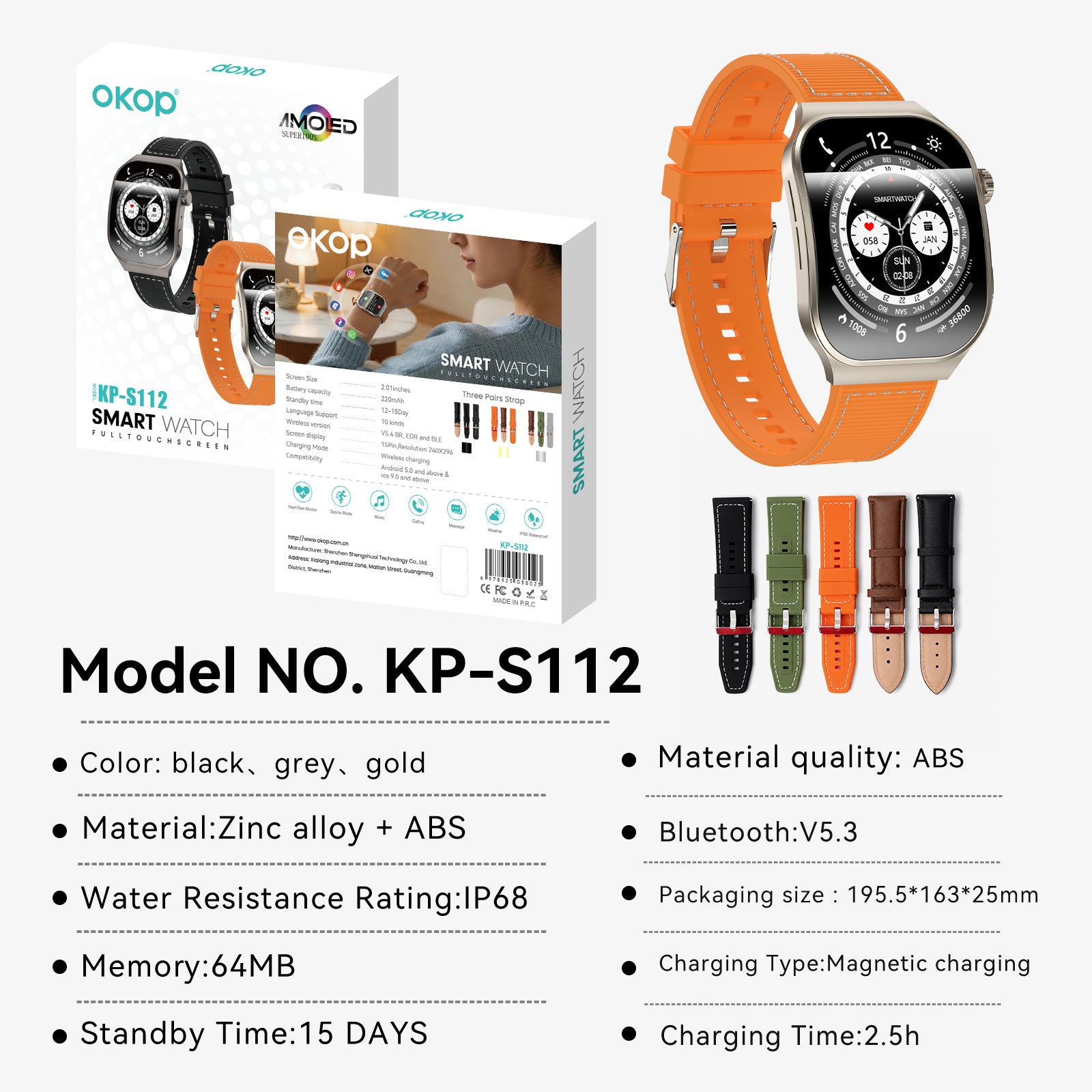 KP-S112 Modèle de montre intelligente à écran courbé avec appel de fréquence cardiaque Surveillance de la santé Oxy du sang