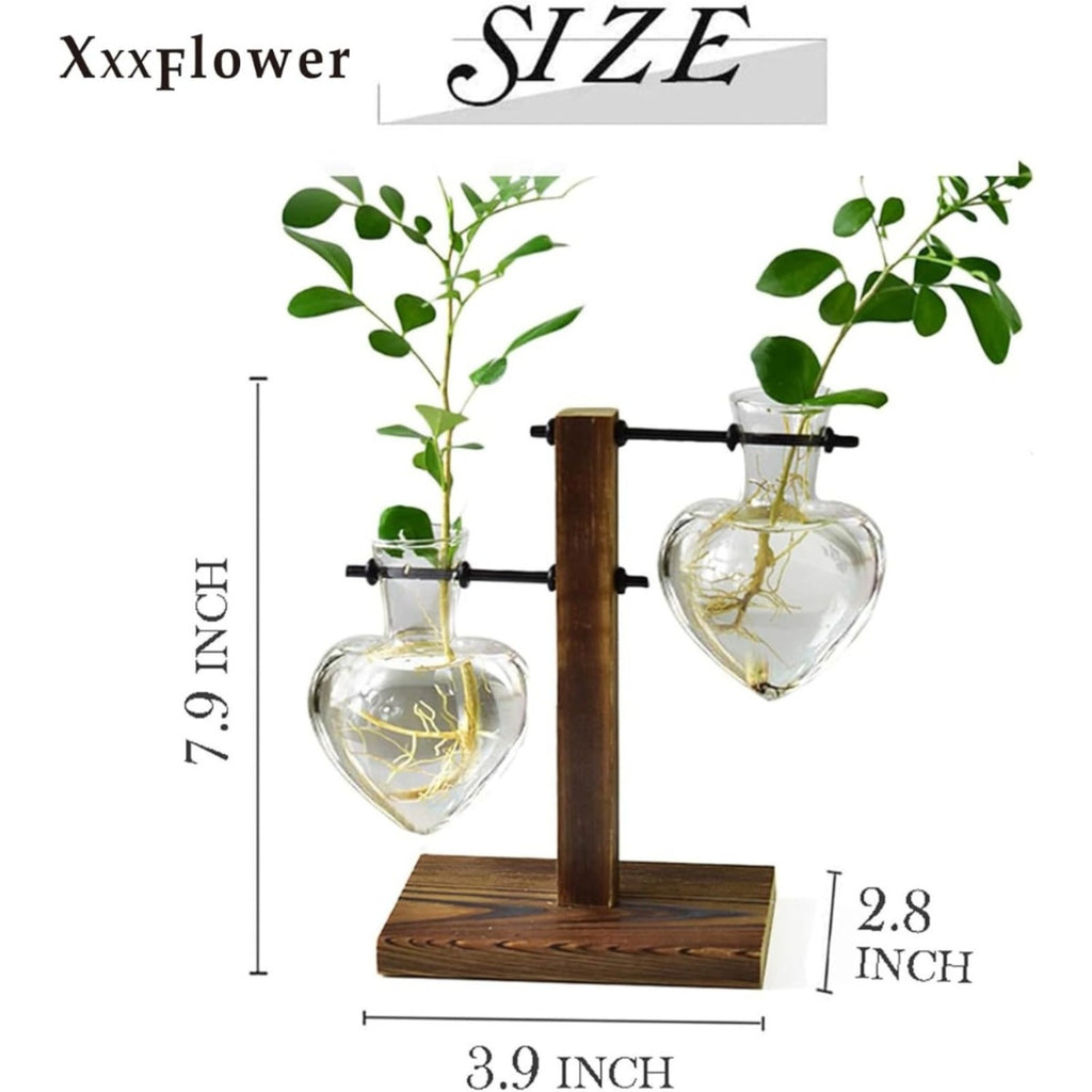 Vase en verre décoratif avec 2 vases en forme de coeur et un support en bois