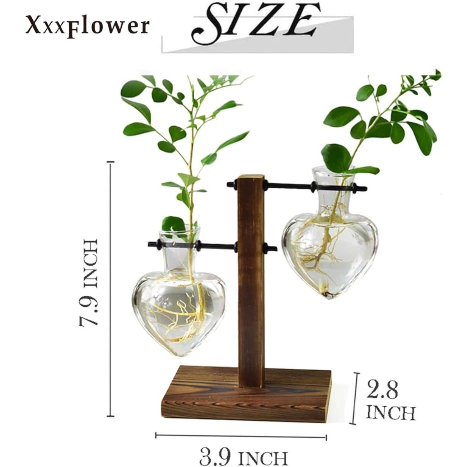 Vase en verre décoratif avec 2 vases en forme de coeur et un support en bois