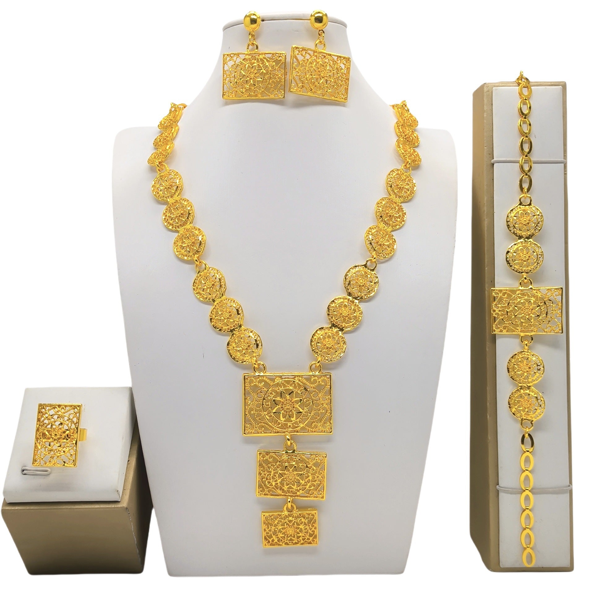 Bijoux d'or costume arabe Collier de mariage Bracelet Boucles d'oreilles Anneau