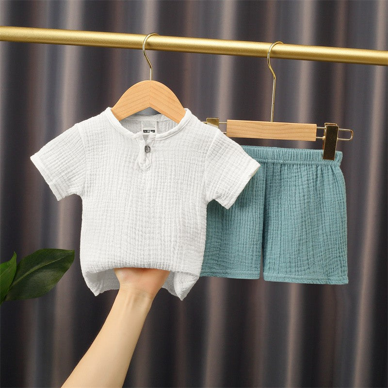 Short-sleeved cotton-linen T-shirt and shorts