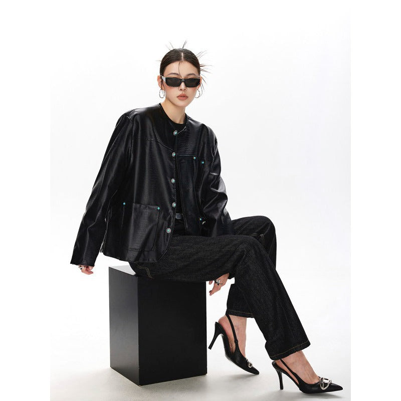 Veste en cuir sans collier pour femmes