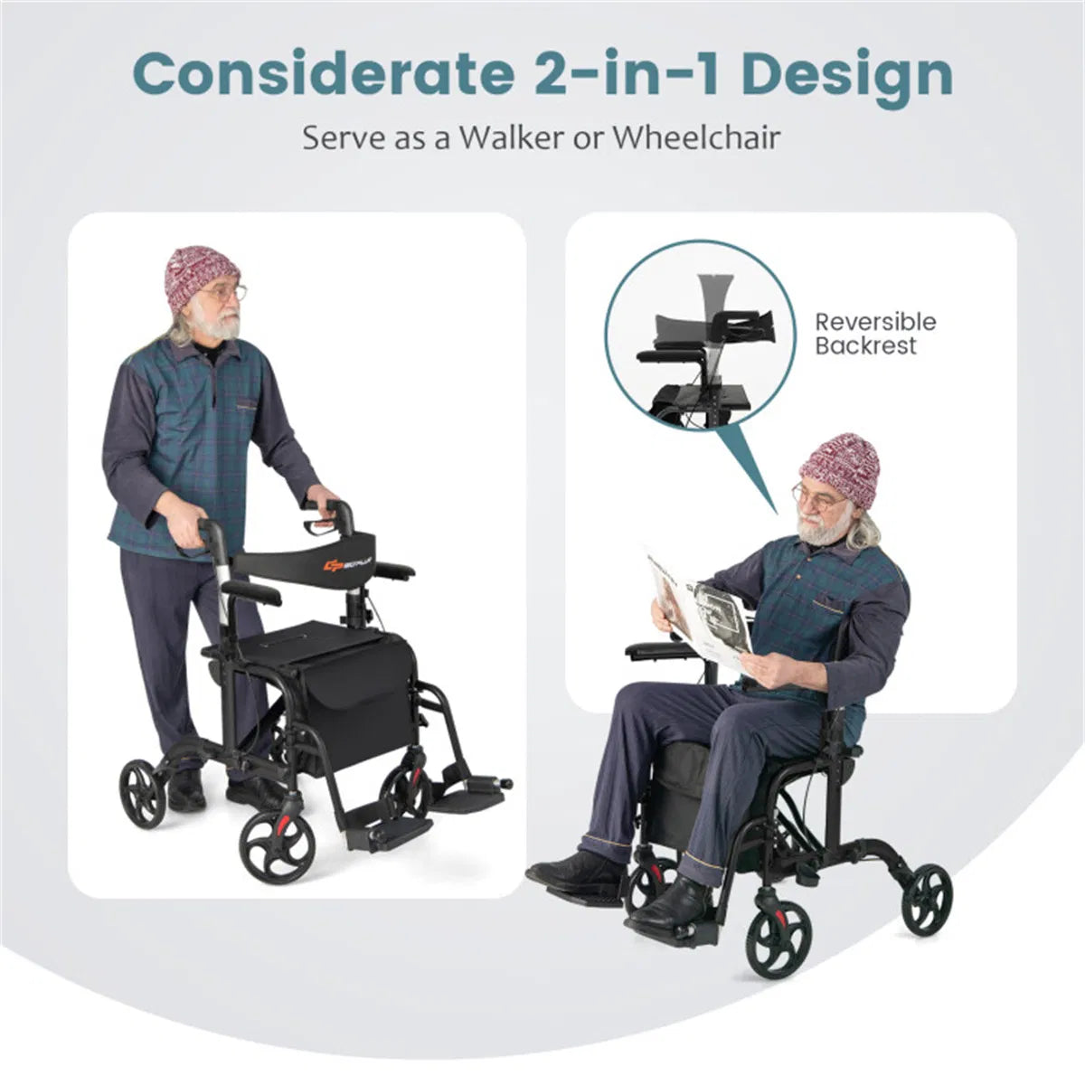 2-en-1 Walker roulant et fauteuil roulant (300lbs): poignées réglables à 6 niveaux