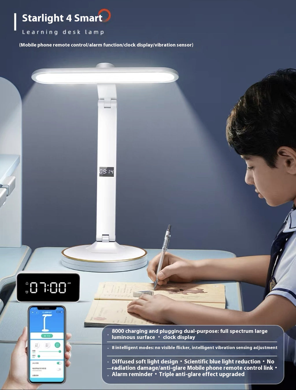 Lecture étudiante Dortoir pliant côté lit Charging Smart horloge protection des yeux lampe de bureau