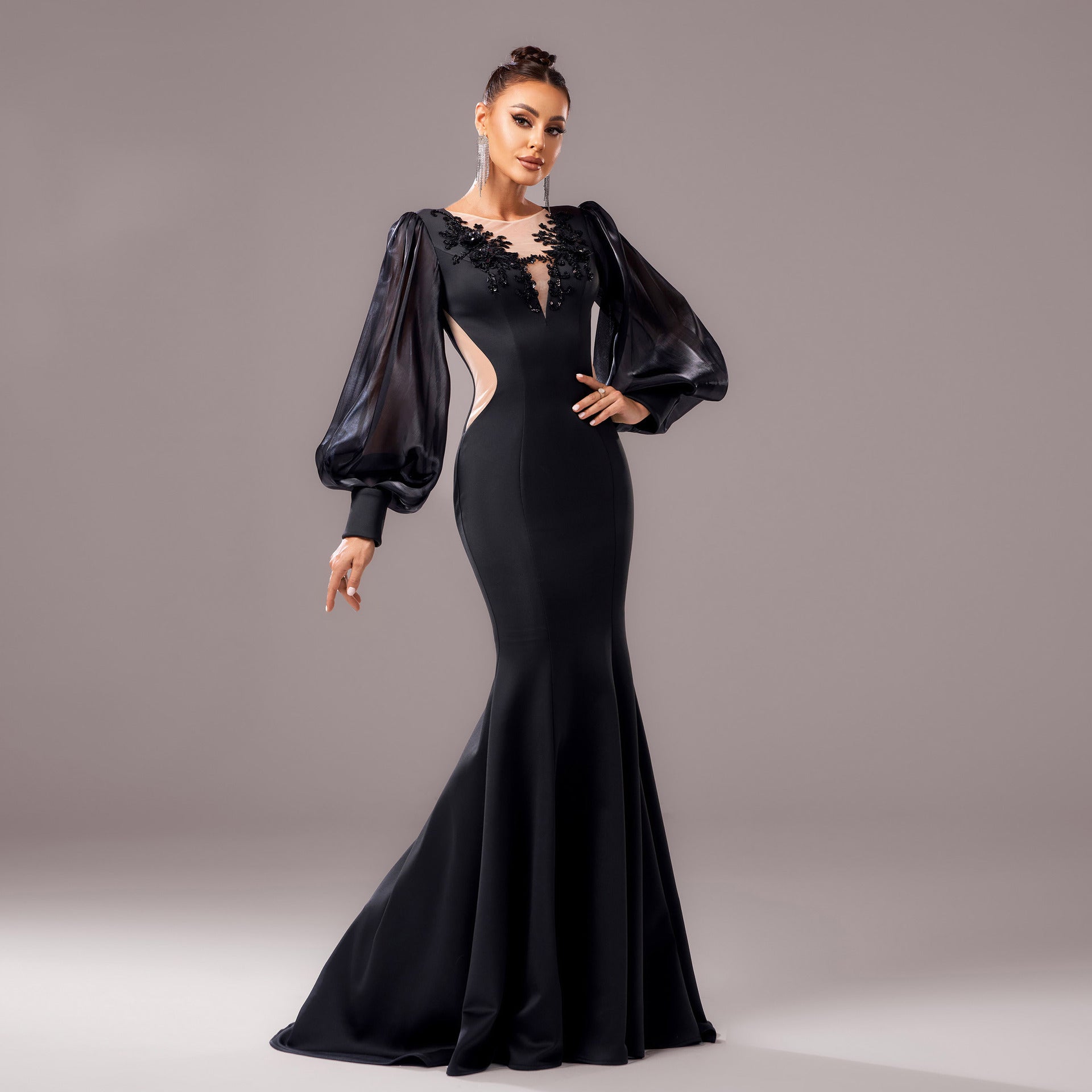Robe à queue de poisson à manches longues pour banquet à col rond