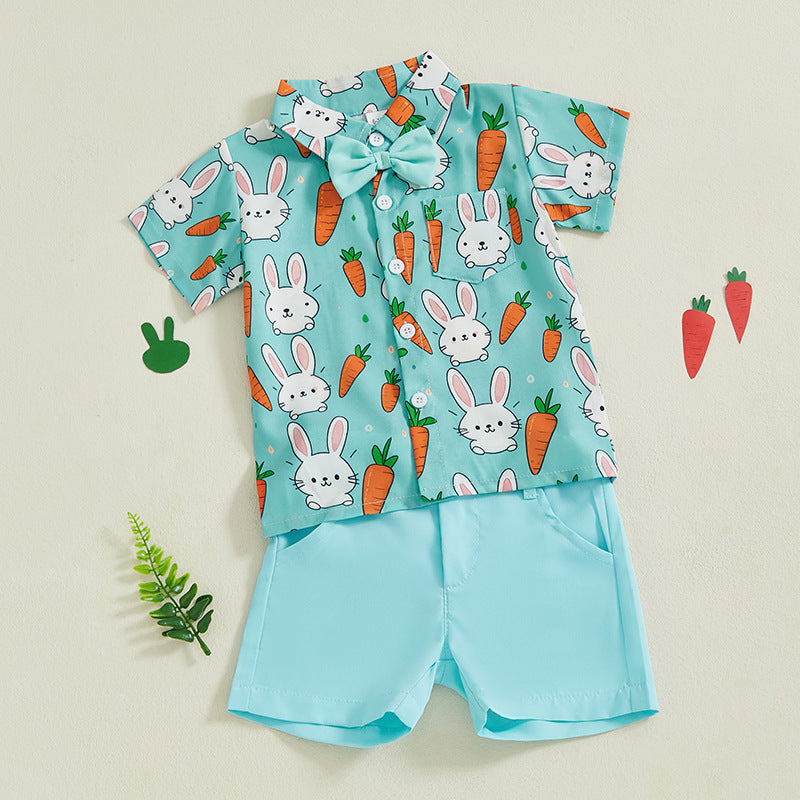 Gentleman Lapin imprimé Bow Tie chemise et short à manches courtes deux pièces ensemble
