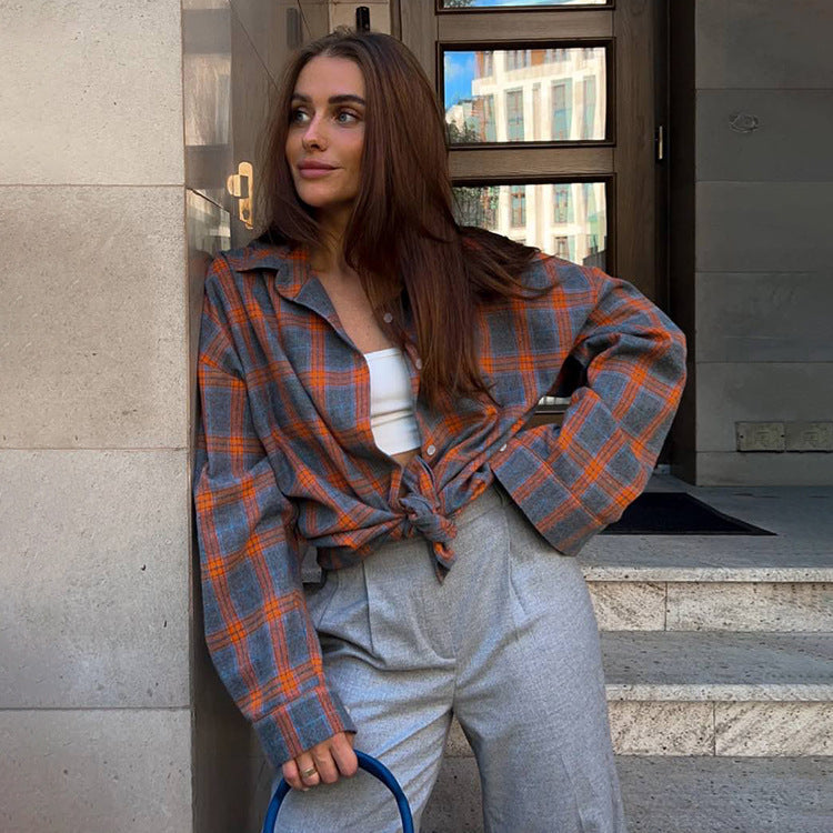 Chemise pour femme d'Amazon Ozon Style rétro enroulé Printemps Automne Hiver Plaid Poche à manches longues