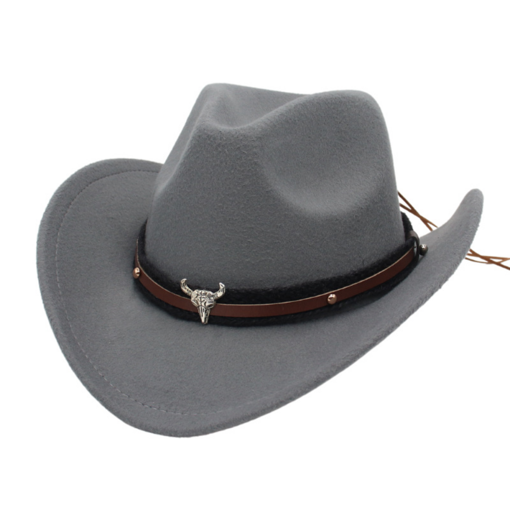Chapeau américain rétro Western Cowboy - Silver Bull Head Large Brim Felt Chapeau tricoté