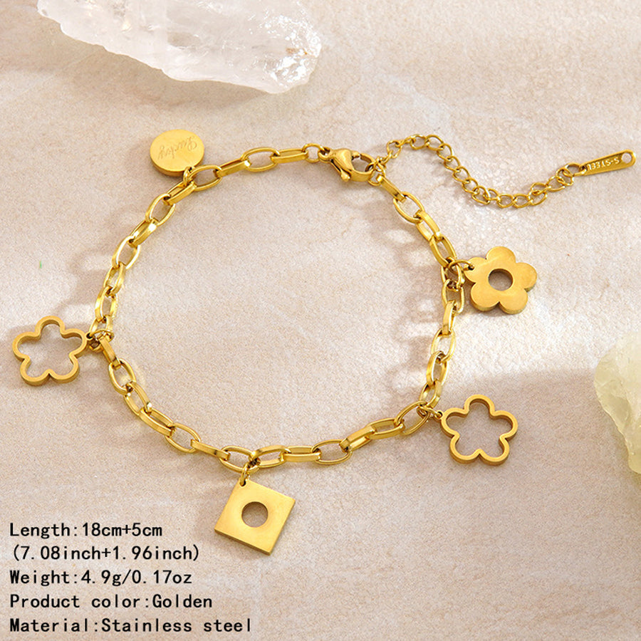 Femmes Multi Bracelet de Charme Fleur de Clover Hollow chanceux gravé Tag Paperclip Chaîne Or Si