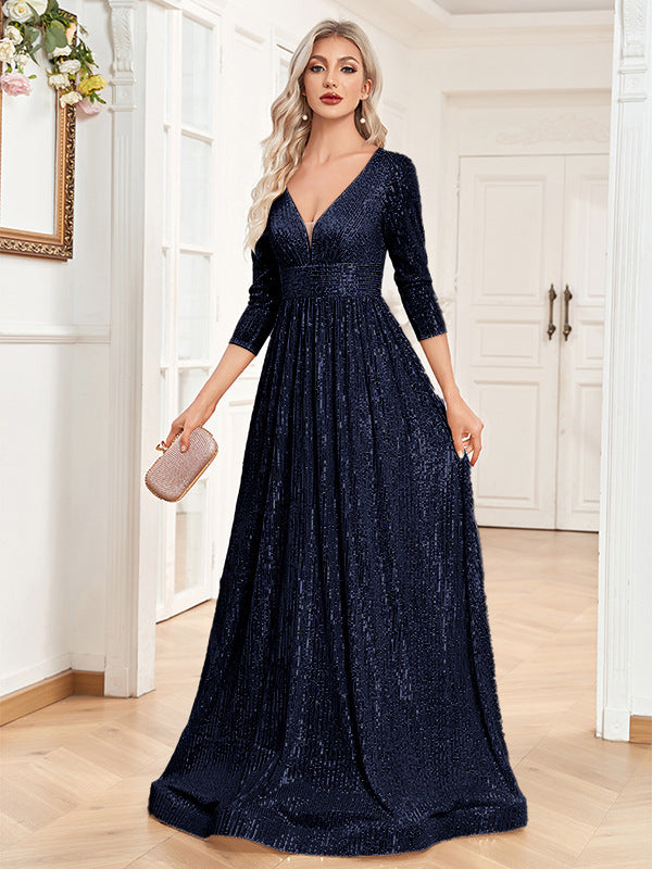 Robe de haute tenue de soirée à col V pailleté d'automne