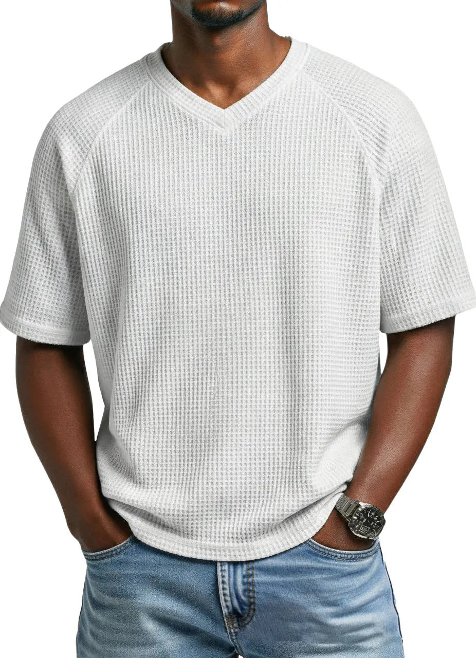 Hommes S Mode Waffle tricot côtelé manches V cou manches courtes T-shirt pour le transport quotidien