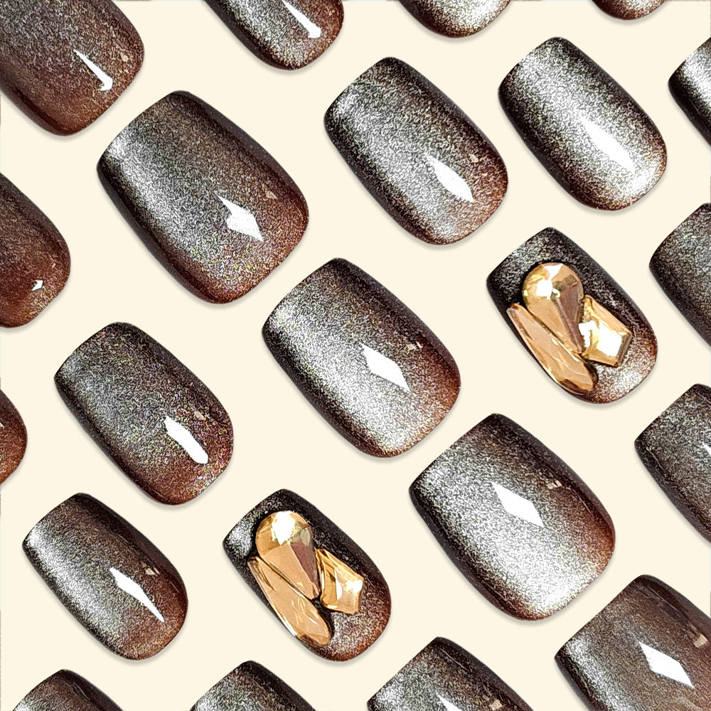 Y2K Faites vous-même glamour 30 pièces de faux ongles carrés taillés Coffee Cat's Eye Rhins