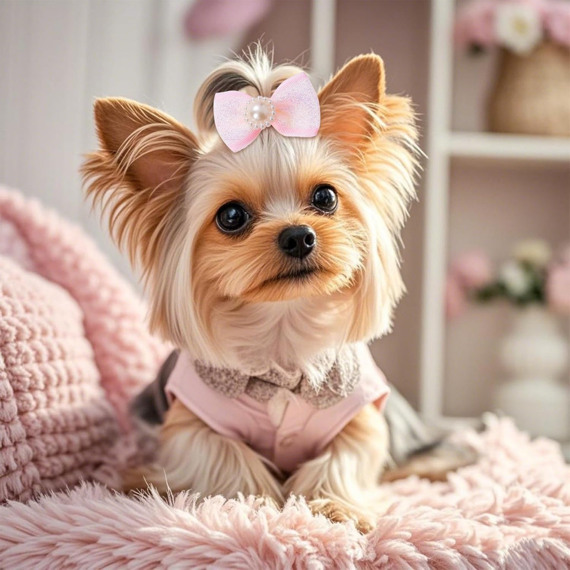 20 PCS Cute Dog Hair Bows with Rubber Bands, Elastic Handmade Mix Style Lace Rhinestone Pea