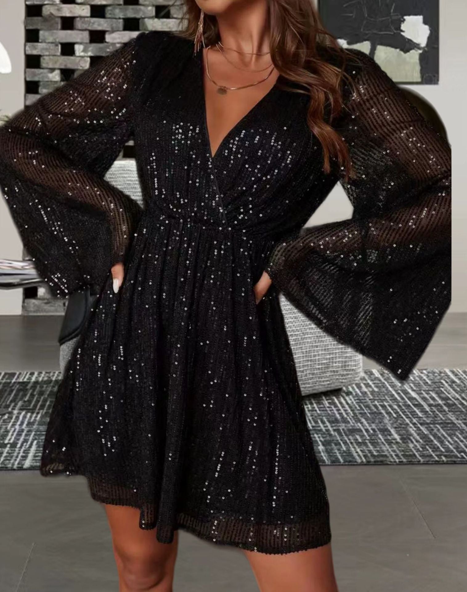 Robe de soirée de soirée de soirée de soirée de soirée en V-col Sequin