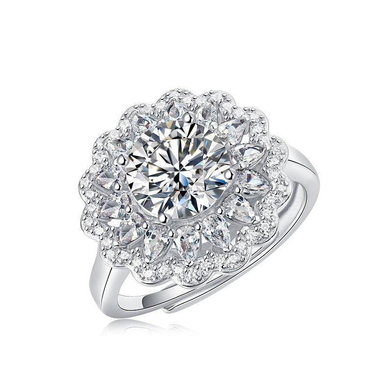 S925 Argent Moissanite Anneau Fleurs Femelle Trendy Anneau Ajustable Anneau Source En Stock Gen