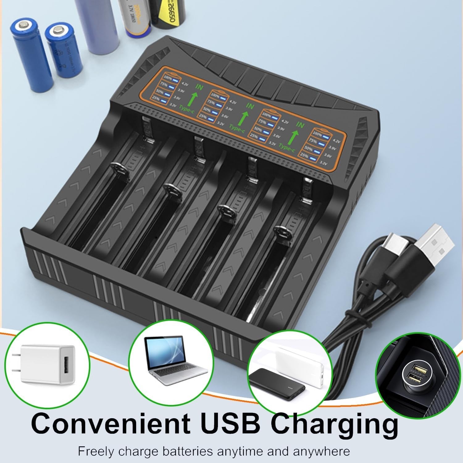 Chargeur de batterie intelligent LED 4-Slot USB pour batterie rechargeable AA AAA Nimh 18650