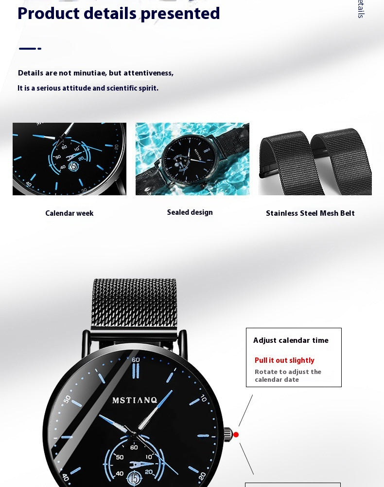 Trade Watch Stylish Black Technology Ceinture en acier raffiné calendrier casual coréen