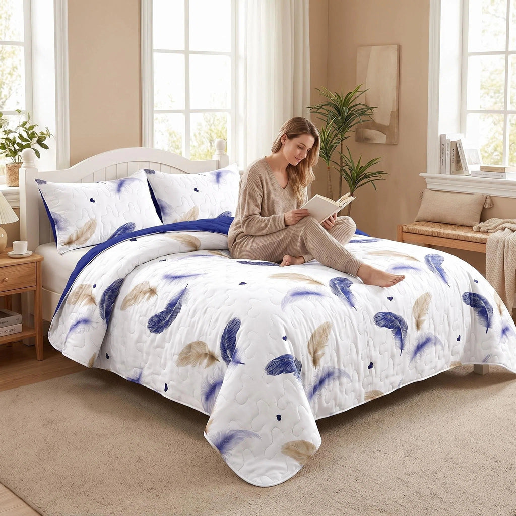 3 pièces blanc or et bleu plume lit couvre-couche pour roi et roi de Californie
