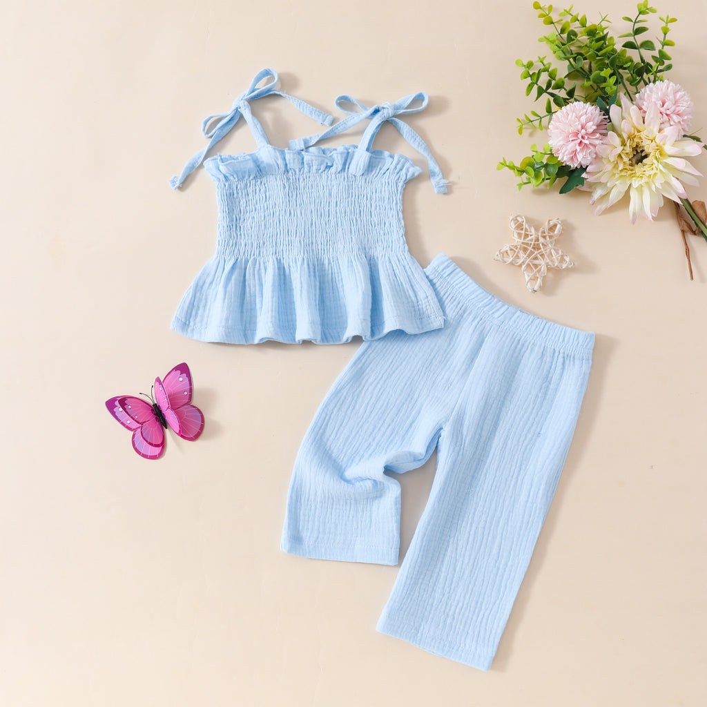 Filles Dentelle-Trimmed sangle droit-leg pantalons ensemble deux pièces