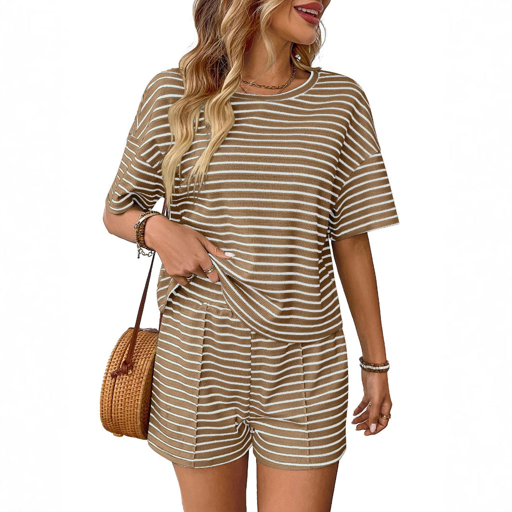 Women's Summer Knit Striped Mode Casual Shorts Ensemble sportif