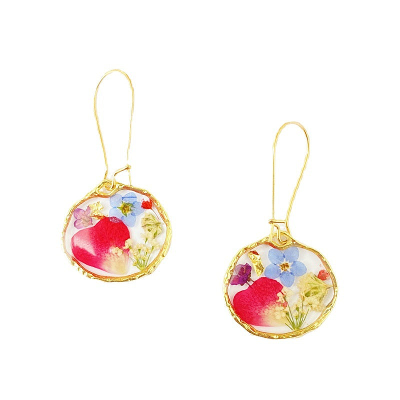 Boucles d'oreilles circulaires irrégulières à fleurs séchées de pétale rose