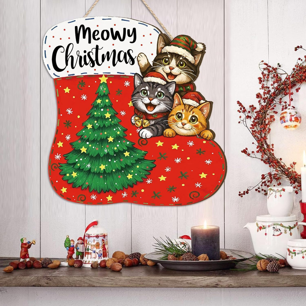 Panneau en bois de Noël Meowy