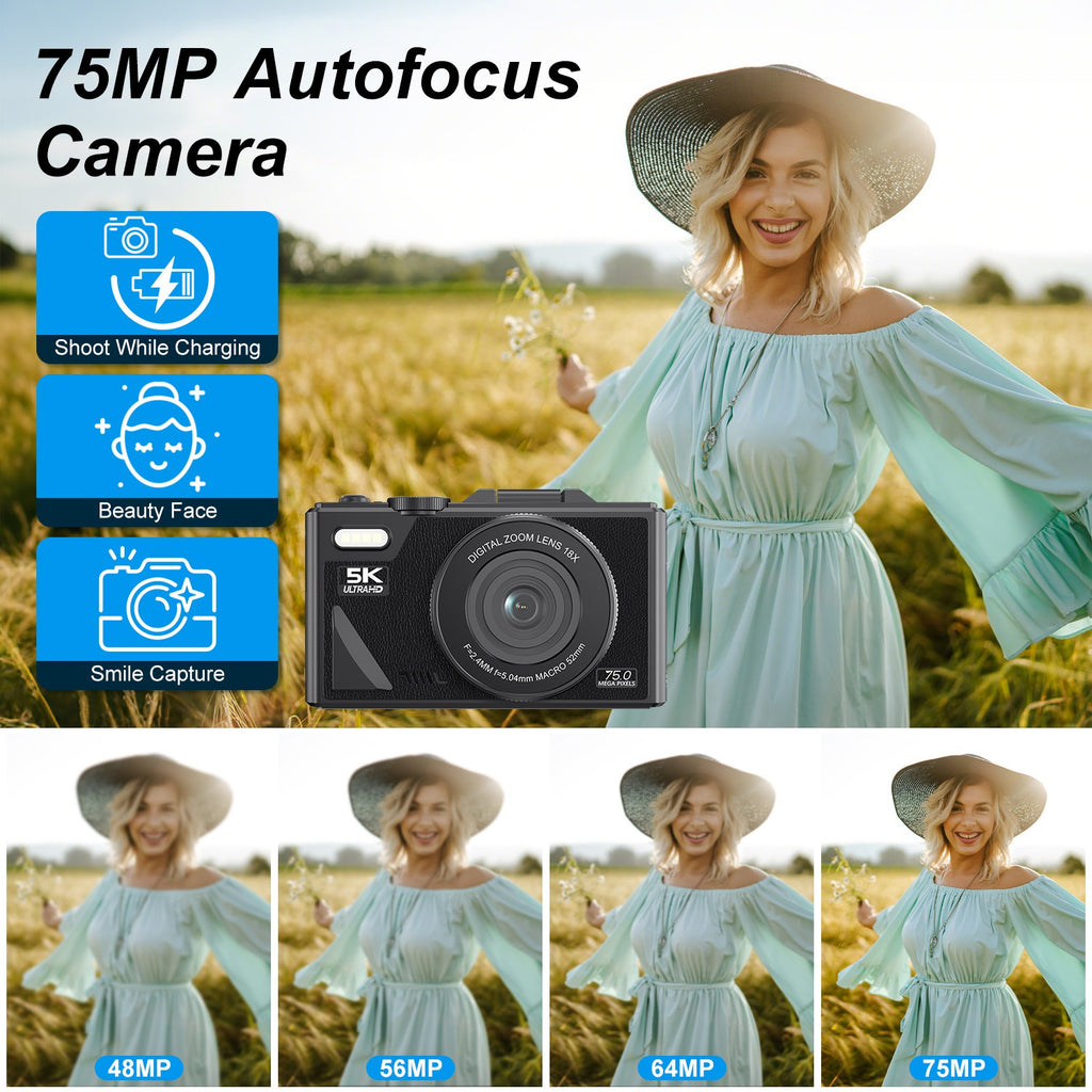 1Pc 5K 75MP Caméra numérique pour la photographie Anti Shake WiFi Vlogging Caméra vidéo avec 9 Sh