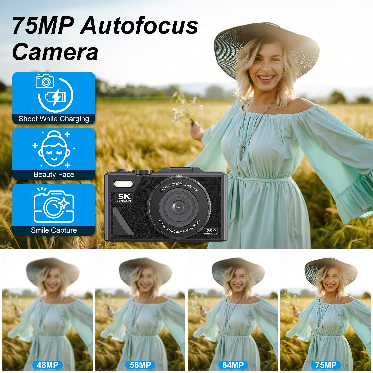 1Pc 5K 75MP Caméra numérique pour la photographie Anti Shake WiFi Vlogging Caméra vidéo avec 9 Sh