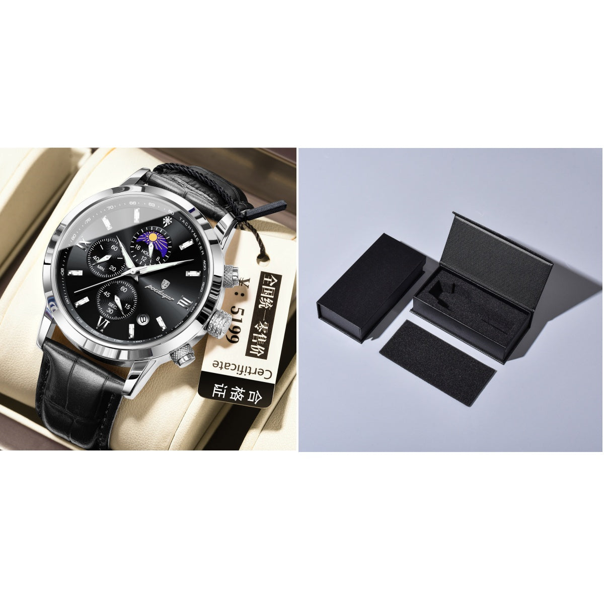Montre homme avec phase lune et chronographe multifonction
