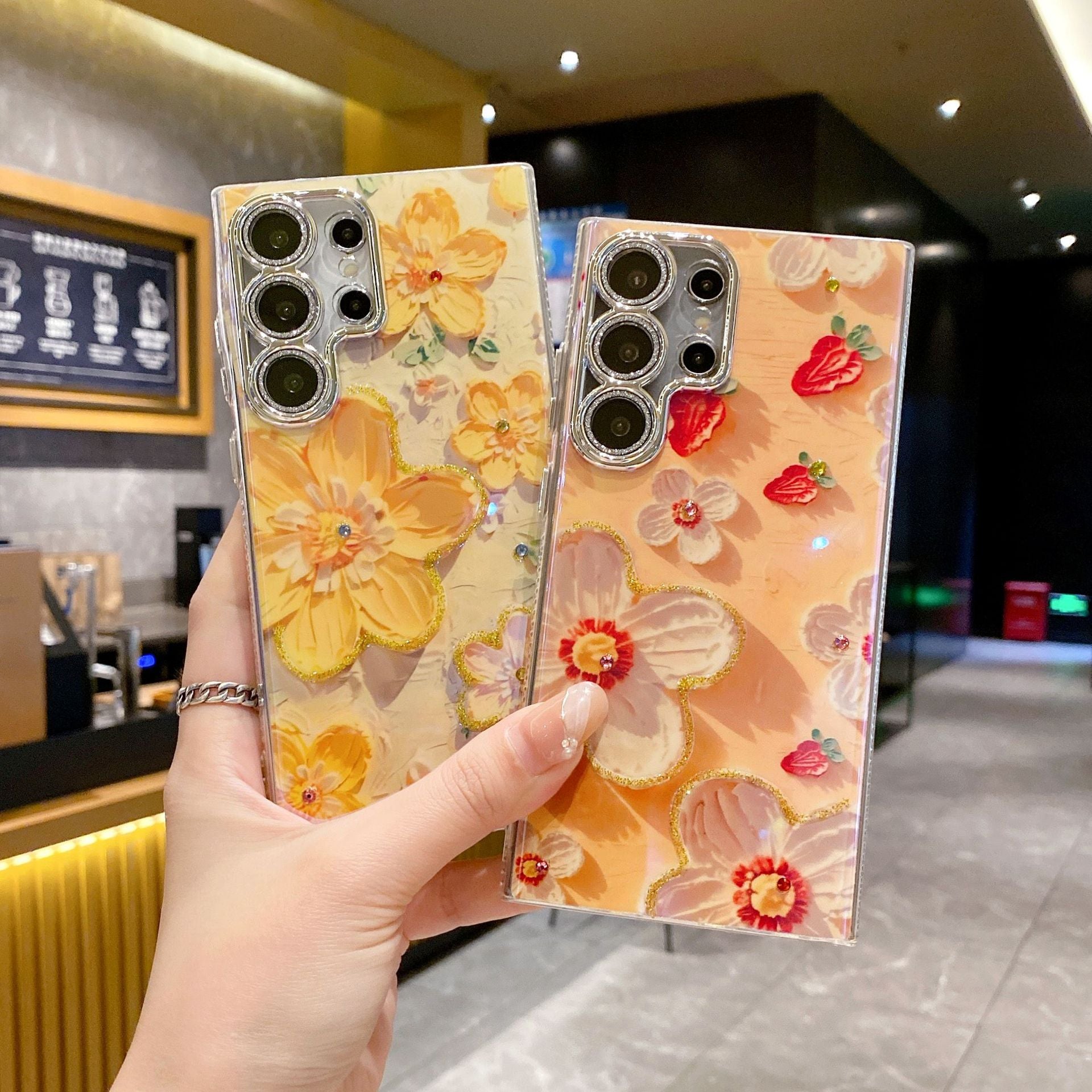Peinture à l'huile de strass de luxe Flower Phone Case Lens Fine Hole Tout Inclus