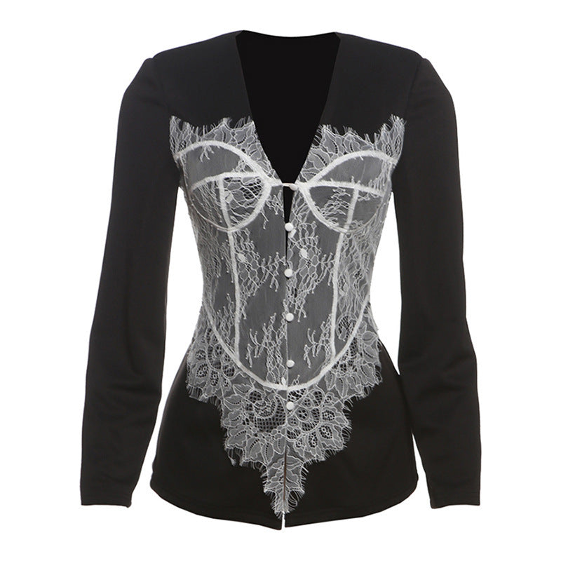 Stylish Fashionable V-Neck Lace Button-Up Jacket