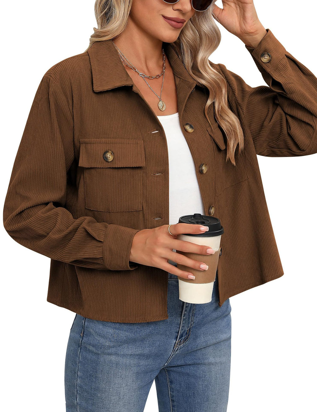 Femmes Casual Corduroy Bouton vers le bas Veste taillée Mode Court Top