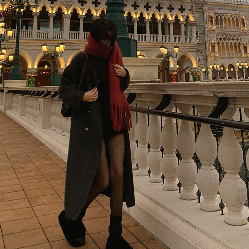 Conception de collier de support Manteau double-à-bras femmes Grand Lapel Long-Loose-fit Laine Overcoat